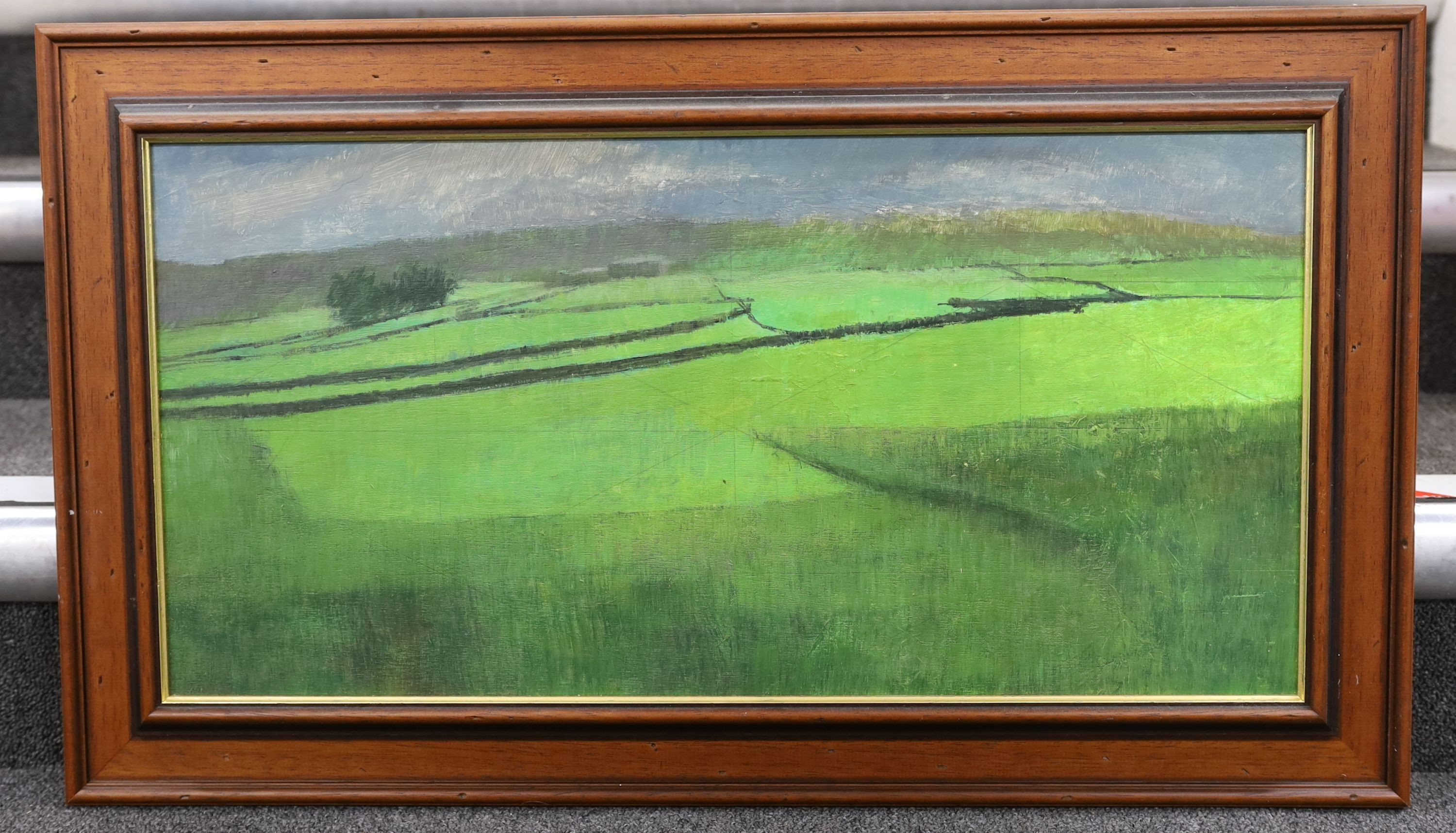 Fred Whitehead, oil on board, Open landscape, 29 x 59cm